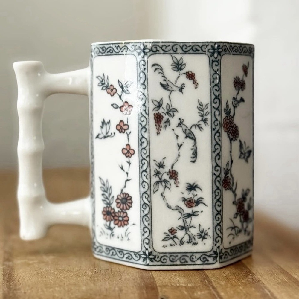Asian Inspired Octagonal Coffee Mug Blue & White Birds & Butterfly Bamboo Handle